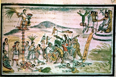 Guerreros aztecas en una batalla ceremonial conocida como la Guerra Florida, para capturar futuras víctimas para el sacrificio